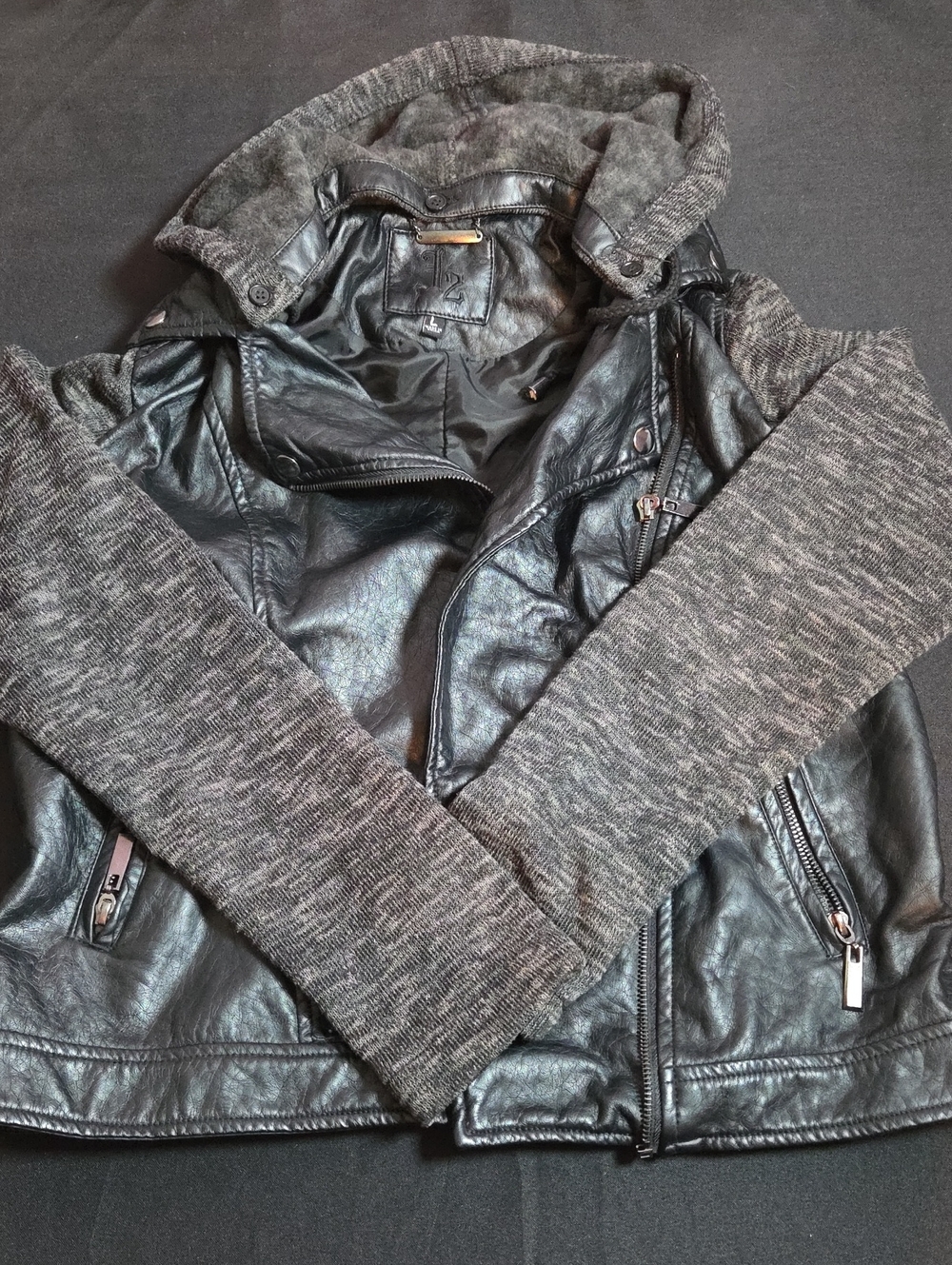Women’s Black Faux Leather Jacket with Heather Gray Knit Sleeves